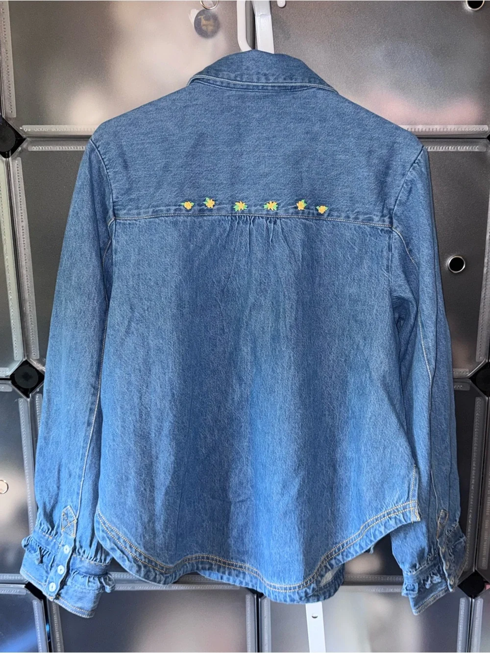 Free People Robin Pintuck Denim Shirt Pleated Ruffle Cuffs Light Wash M NWT
